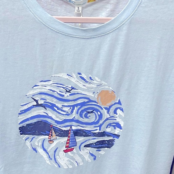 Light Blue Graphic T-Shirt with Sailboat Design - Picture 2 of 4